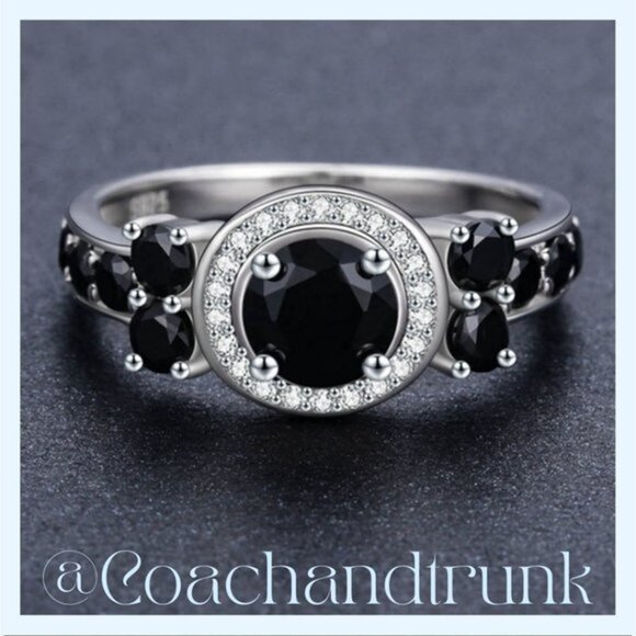 925 Sterling Hallmark Halo & Prong Set Round Beveled White Black Spinel CZ NWT - Picture 2 of 3